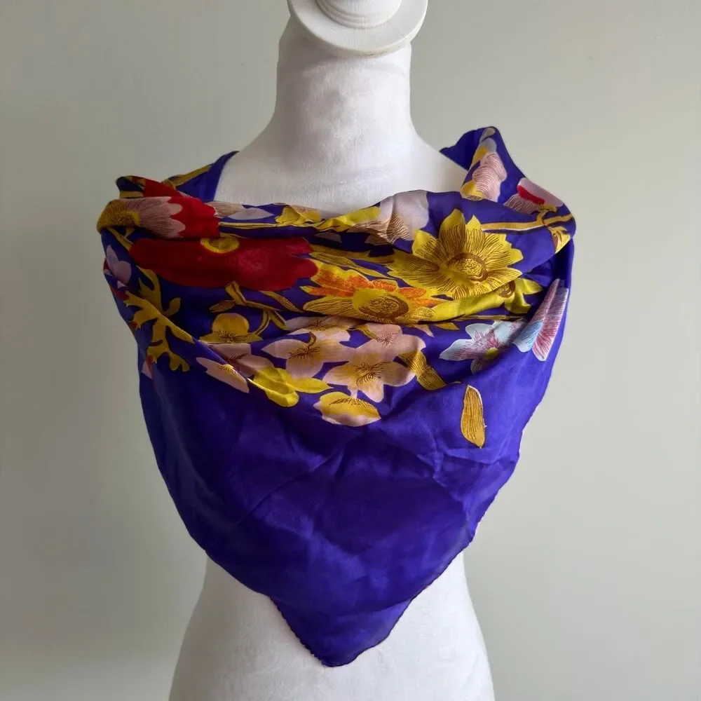 Vintage Purple Gold Red & Pink Floral Silk Square Scarf Old Money Coastal Granny